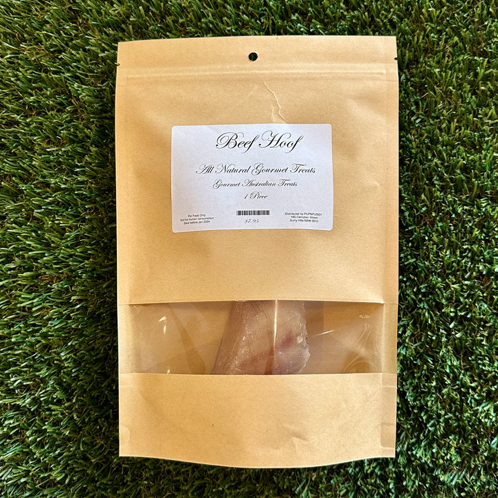 All-natural gourmet Australian beef hoof dog treat from PupNpussy, slow-dried for long-lasting chew time, dental health support, and premium flavour