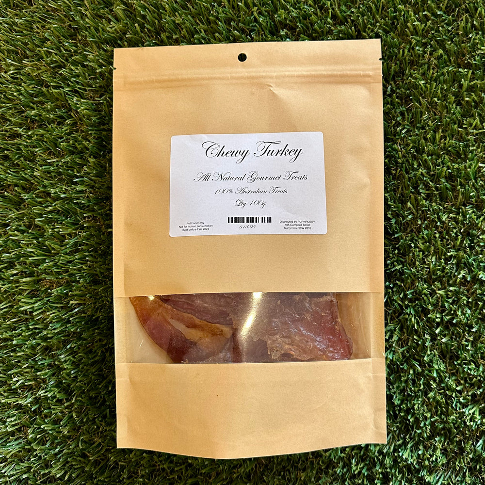 All-natural gourmet chewy turkey dog treats from PupNpussy, made with RSPCA-certified Australian turkey and slow-dried for rich flavour, dental health support, and sustainability