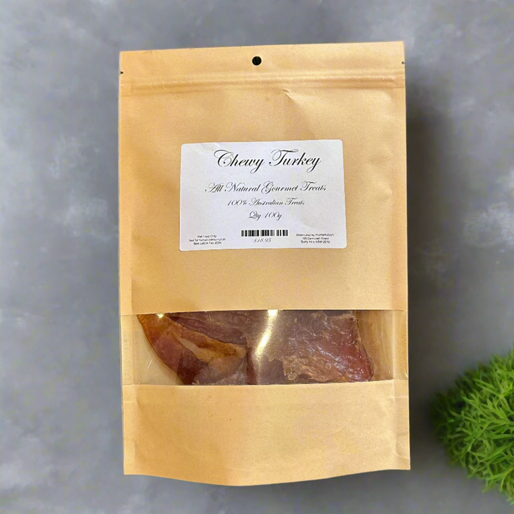 All-natural gourmet chewy turkey dog treats from PupNpussy, made with RSPCA-certified Australian turkey and slow-dried for rich flavour, dental health support, and sustainability