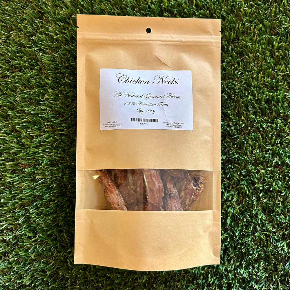 All-natural gourmet chicken neck dog treats from PupNpussy, sourced from Australian farms and slow-dried for rich flavour, dental health support, and natural nutrition