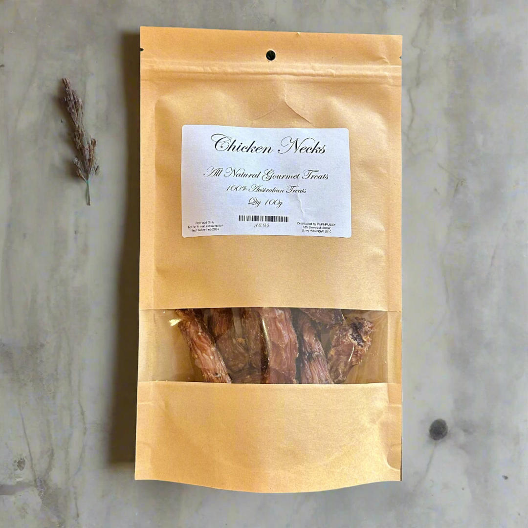 All-natural gourmet chicken neck dog treats from PupNpussy, sourced from Australian farms and slow-dried for rich flavour, dental health support, and natural nutrition