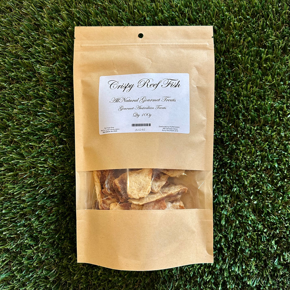 All-natural crispy reef fish dog treats from PupNpussy, Australian-sourced and dehydrated for rich flavour, nutrient density, and dental health support