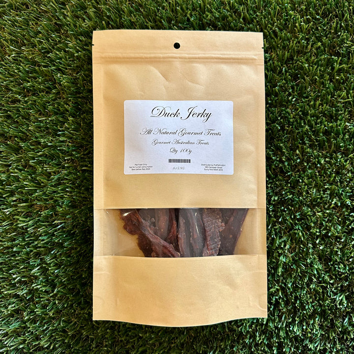 All-natural grain-free duck jerky dog treats from PupNpussy, Australian-sourced and rich in protein, supporting sensitive digestion, healthy skin and coat, and training rewards