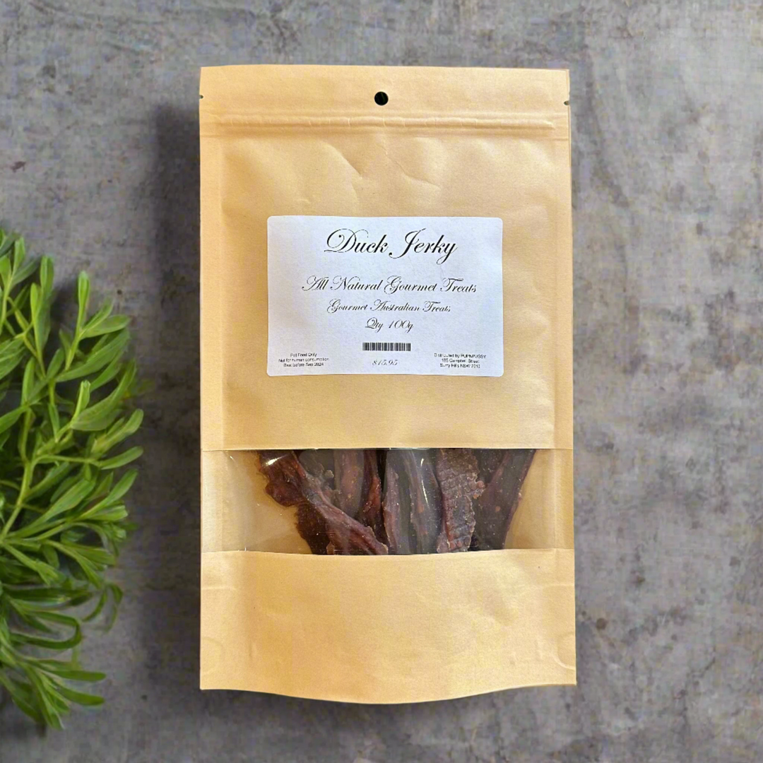 All-natural grain-free duck jerky dog treats from PupNpussy, Australian-sourced and rich in protein, supporting sensitive digestion, healthy skin and coat, and training rewards