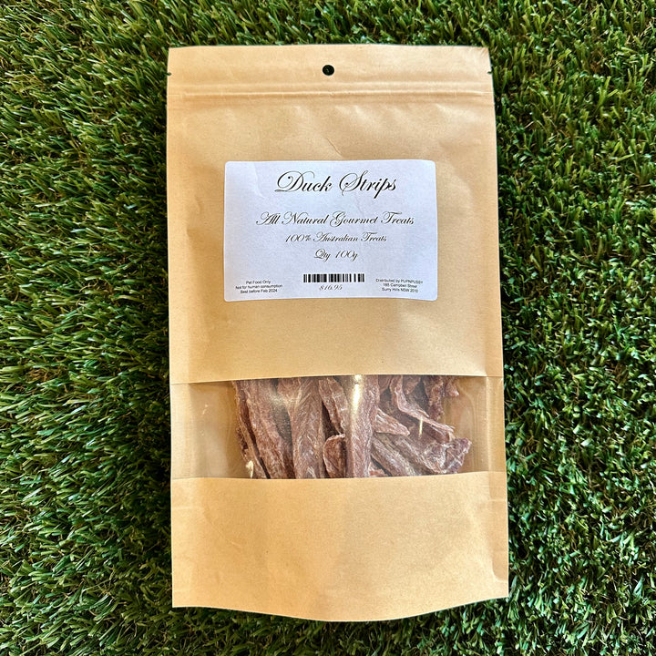 All-natural gourmet duck strip dog treats from PupNpussy, Australian-sourced and air-dried for rich flavour, hypoallergenic protein, and dental health support