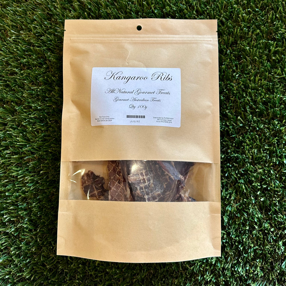 All-natural Australian kangaroo spare ribs dog treats, lean and nutritious for dental health, sourced locally from PupNpussy