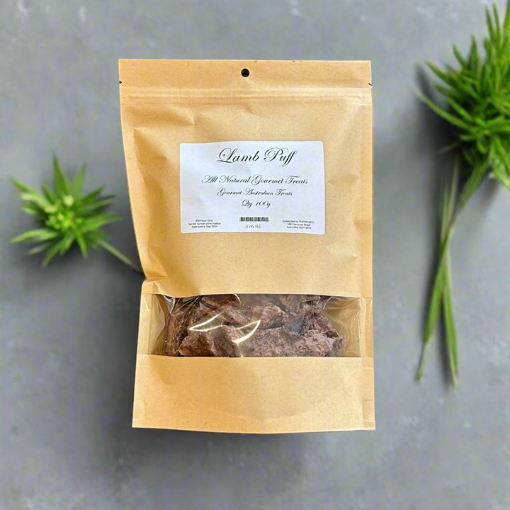 All-natural gourmet lamb puff dog treats from PupNpussy, Australian-sourced and additive-free, offering gentle digestion support, rich flavour, and dental health benefits