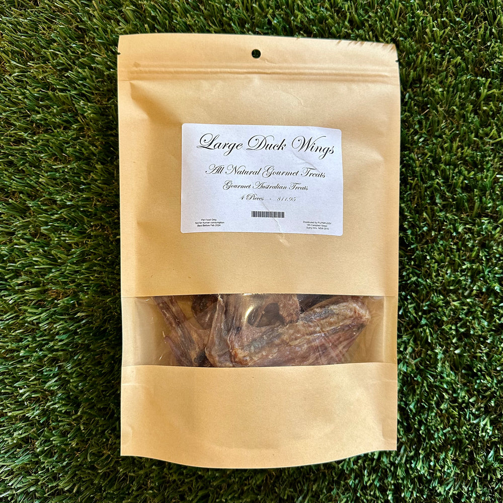 All-natural Australian duck wing dog treats from PupNpussy, grain-free and slow-dried for iron-rich nutrition, dental health support, and a wholesome, crunchy texture