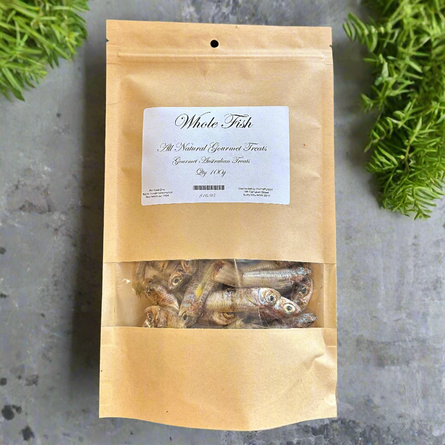 All-natural Australian whole fish dog treats from PupNpussy, packed with Omega-3, protein, and essential nutrients for dental health, shiny coats, and sustainable enjoyment