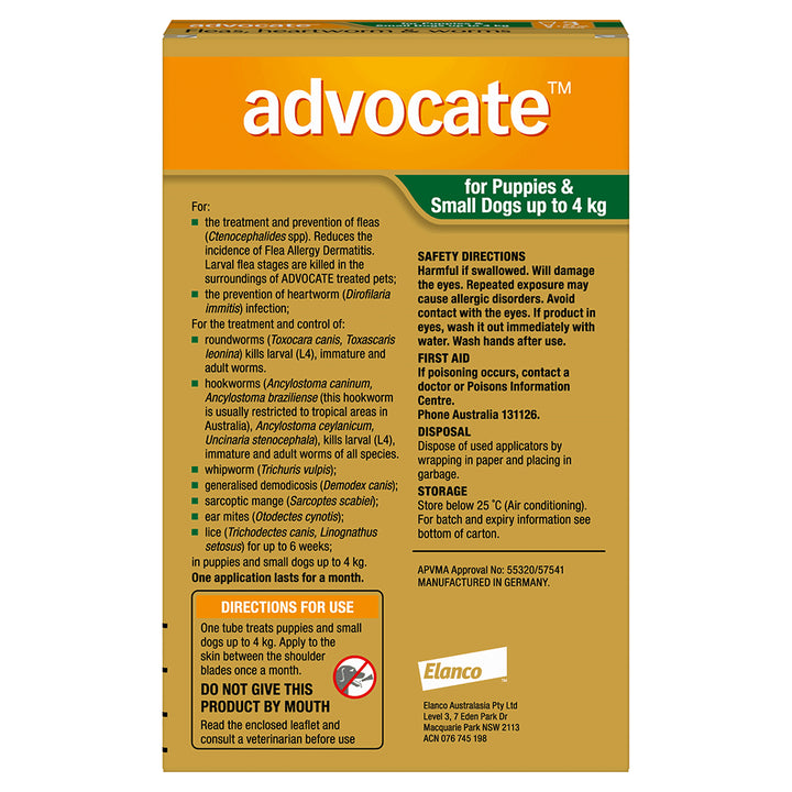 Advocate Fleas, Heartworm & Worms  -  Dogs up to 4kg  -  3 pack